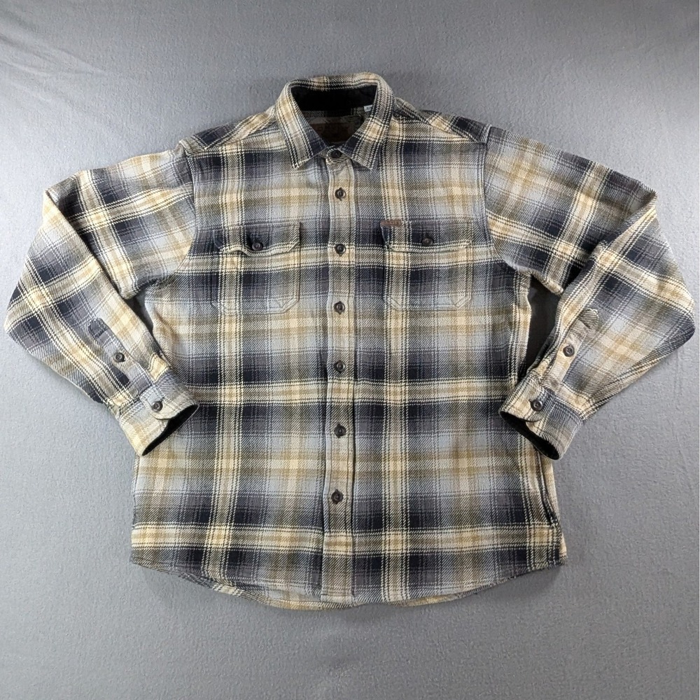 Orvis Mens Plaid Flannel Shirt Jacket Size Medium Gray Tan Button Up Shirt